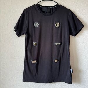 Philipp Plein Homme Black T-Shirt with Metal Patch Details Size‎ L